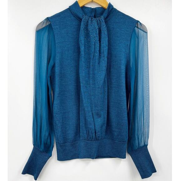 Tory Burch Abitha‎ Sweater Wool Silk Sheer Chiffon Sleeves Blue Size XS - Picture 1 of 9